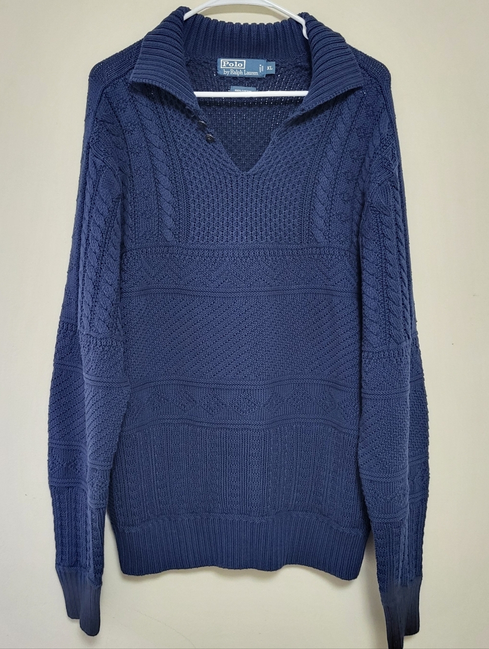 Polo Ralph Lauren Vtg Blue Heavy Cable Knit Collared Sweater XL Preppy Fisherman